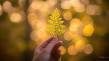 Poster - Hand holding a fern leaf against a bokeh background.