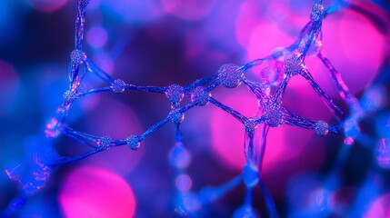 Poster - Abstract 3D rendering of a complex network structure with glowing nodes and connections, set against a blurred background of pink and blue bokeh lights.