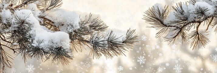 Aufkleber - Snowy pine branches with soft, blurred background.