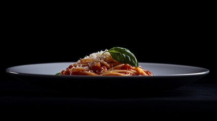 Poster - Delicious spaghetti with tomato sauce, parmesan cheese, and basil on a plate.