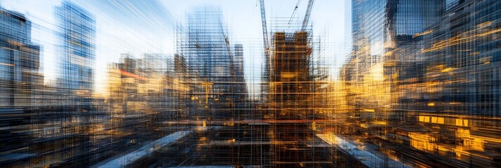 Aufkleber - Abstract cityscape at sunset, showcasing modern architecture and construction.