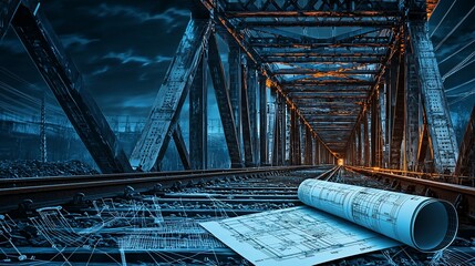 Aufkleber - Night view of a steel railway bridge with blueprints.