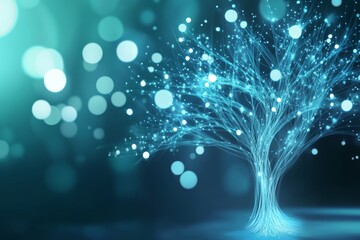 Tree made of light is displayed on a blue background