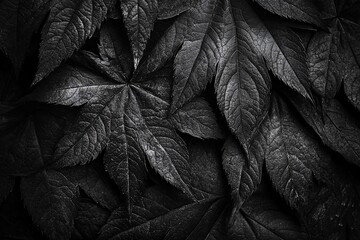 Poster - Dark monochrome close-up of overlapping maple leaves.