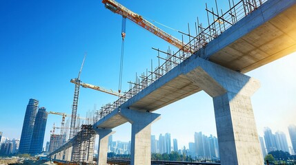 Poster - Urban bridge under construction with cranes and scaffolding against a clear blue sky.
