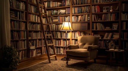 Poster - Cozy library corner with bookshelves, armchair, ladder, and lamp.