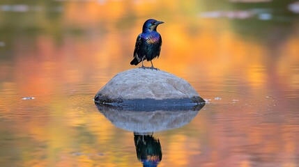Poster - Iridescent bird perched on rock in colorful water reflection.