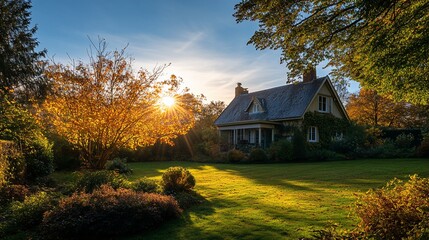 Poster - Charming cottage bathed in golden autumn sunset light, surrounded by lush garden and vibrant foliage.
