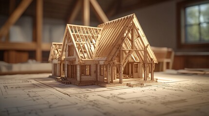 Poster - Wooden house model on blueprints in workshop.