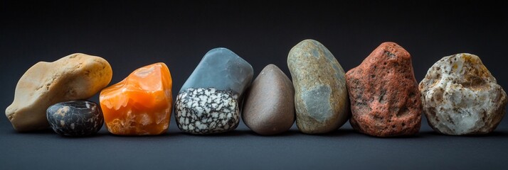 Poster - Collection of colorful stones arranged in a row against a dark background.