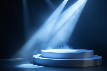 Fototapete - Illuminated circular stage platform with spotlights and atmospheric smoke.