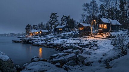 Aufkleber - Snowy winter night scene of illuminated cabins by a lake.