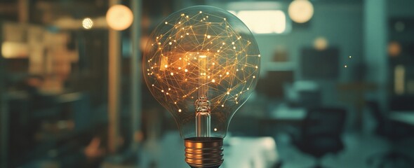 Aufkleber - Glowing lightbulb with intricate network inside, blurred office background.