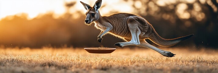 Aufkleber - Red kangaroo leaping over bowl in golden sunset field.