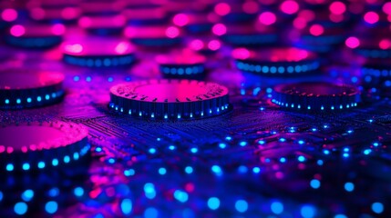 Poster - Close-up of a futuristic circuit board with glowing components and vibrant pink and blue lighting.
