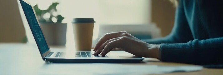 Aufkleber - Woman's hands typing on laptop, coffee nearby.