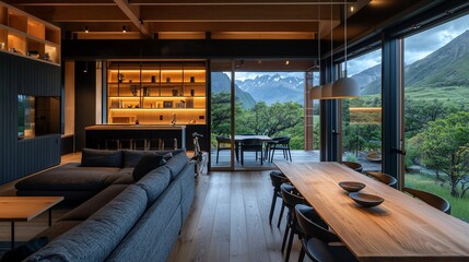 Aufkleber - Modern mountain home interior with open floor plan, large windows showcasing scenic view, wooden dining table, and comfortable seating area.