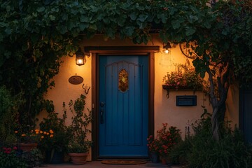 Poster - Blue door of a cozy house at night, illuminated by warm lights, surrounded by lush greenery and flowers.