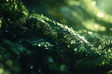 Poster - Lush green fern leaves illuminated by sunlight in a forest.