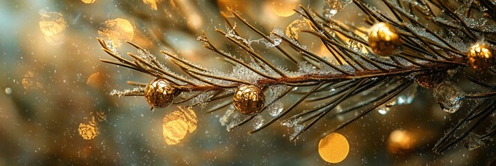 Poster - Close-up of iced pine branch with golden ornaments and bokeh lights.