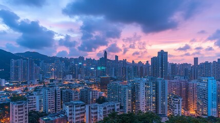 Aufkleber - Vibrant sunset over a dense cityscape with mountains in the background.