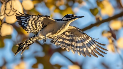 Aufkleber - A black and white woodpecker in flight, wings spread wide, against a blurred autumnal background.
