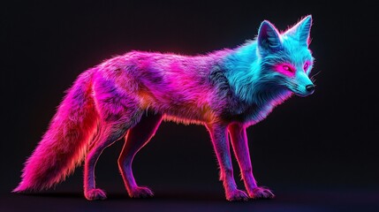 Poster - Neon pink and blue glowing fox, 3D render on black background.