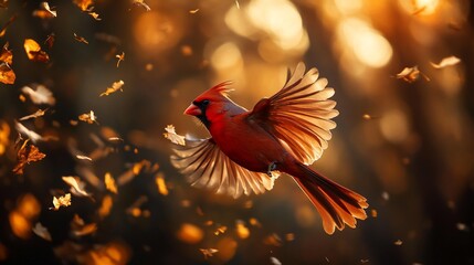 Aufkleber - A vibrant red cardinal bird in flight amidst falling autumn leaves, bathed in warm sunset light.