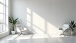 © Elena - White modern office interior with a large empty wall for a mockup and soft natural light creating gentle shadows