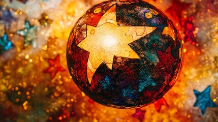 Poster - Illuminated globe ornament with star design, surrounded by bokeh stars.