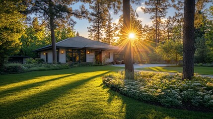 Poster - Sunset illuminating a modern house nestled in a lush green landscape, long shadows cast across the lawn.