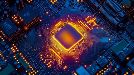 Poster - Close-up of a glowing central processing unit (CPU) on a circuit board. (1)
