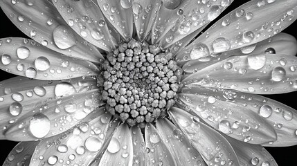 Aufkleber - Close-up monochrome photo of a daisy with water droplets on its petals.