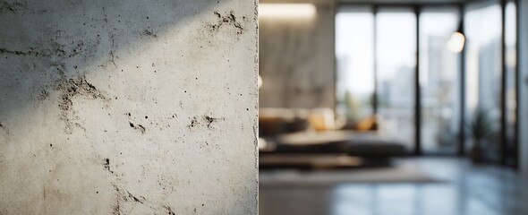 Poster - Close-up of textured concrete wall with blurred modern living room background.