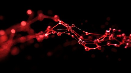 Fototapete - Abstract red glowing particles connected by lines on black background.