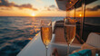© fangphotolia - Sunset Toast: Two champagne flutes clink together on a yacht deck, casting a golden glow against the backdrop of a breathtaking sunset on the open ocean. Capture the essence of luxury, relaxation.