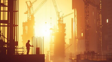 Aufkleber - Silhouetted construction worker at sunset on a high-rise building site with multiple cranes.