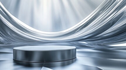 Aufkleber - Elegant silver podium with flowing fabric backdrop, ideal for product display or awards ceremony.