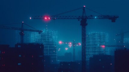 Aufkleber - Futuristic city skyline at night, under construction with cranes and glowing buildings.