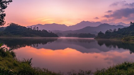 Poster - Serene sunrise over a calm lake reflecting the mountains and sky in soft pastel colors.