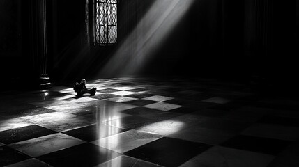 Aufkleber - Sunbeams illuminate a dark room's checkered floor, highlighting a small object.