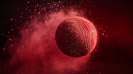 Aufkleber - Red cricket ball exploding in red dust cloud against black background.