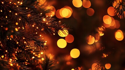 Poster - Close-up of illuminated pine branch with bokeh lights.