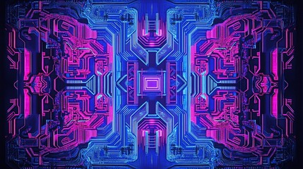 Poster - Abstract neon pink and blue circuit board design.