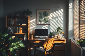 Leinwandbilder - Sunlit home office with wooden desk, computer, plants, books, and blinds.