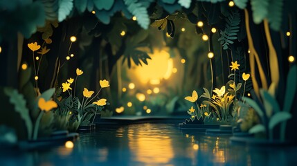 Poster - Magical paper-cut forest scene at sunset with fireflies, flowers, and calm water.