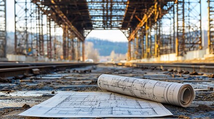 Aufkleber - Blueprint and rolled drawings on railway tracks under a rusty bridge.