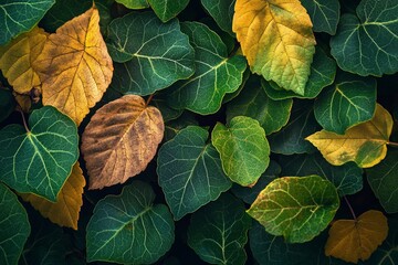 Poster - Close-up of vibrant green and autumnal yellow and brown leaves creating a textured natural background.