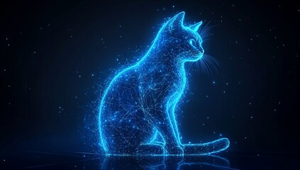Aufkleber - Glowing digital cat, sitting, dark background, digital art, abstract, lines, points, light.