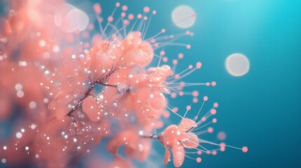 Aufkleber - Sparkling pink flowers on a teal background with bokeh effect.
